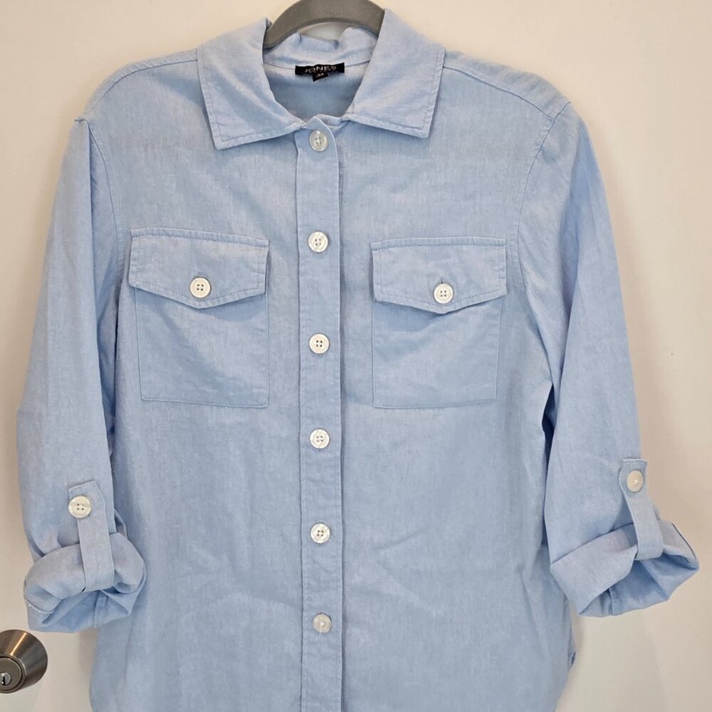 Jones NY Women's Light Blue Button-Up Shirt XS  3/4 Sleeve Cotton Blend Casual - Picture 4 of 13